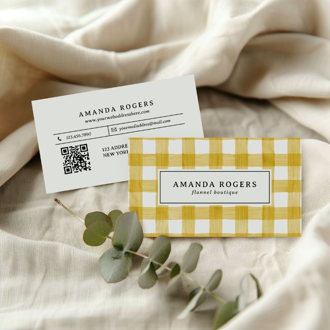 Gul akvarellbuffel Plaid QR-kod modern Visitkort (Skapare uppladdad)