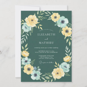 Gul Aqua Lövverk Eukalyptus Bröllop Inbjudningar