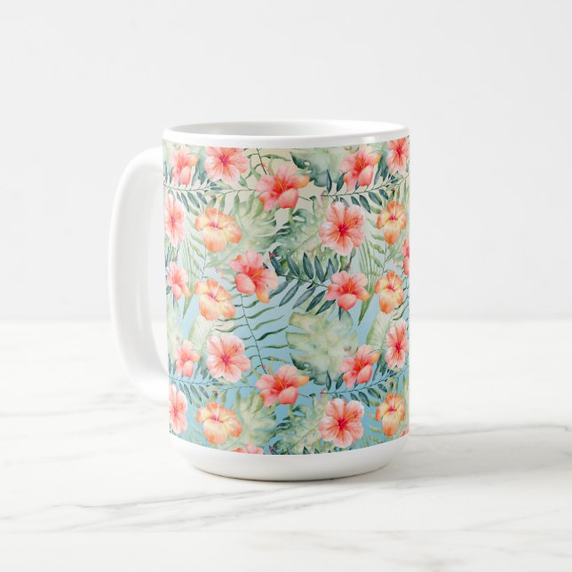 Gul Aqua Rosa Persika Hibiskus Blommig Kaffemugg (Framsida vänster)