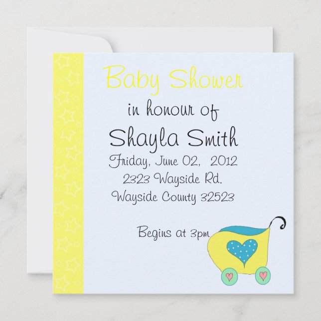 Gul barnvagn Baby Shower Inbjudningar (Framsida)