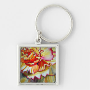 Gul Begonia-blomma akvarell original konst Fyrkantig Silverfärgad Nyckelring
