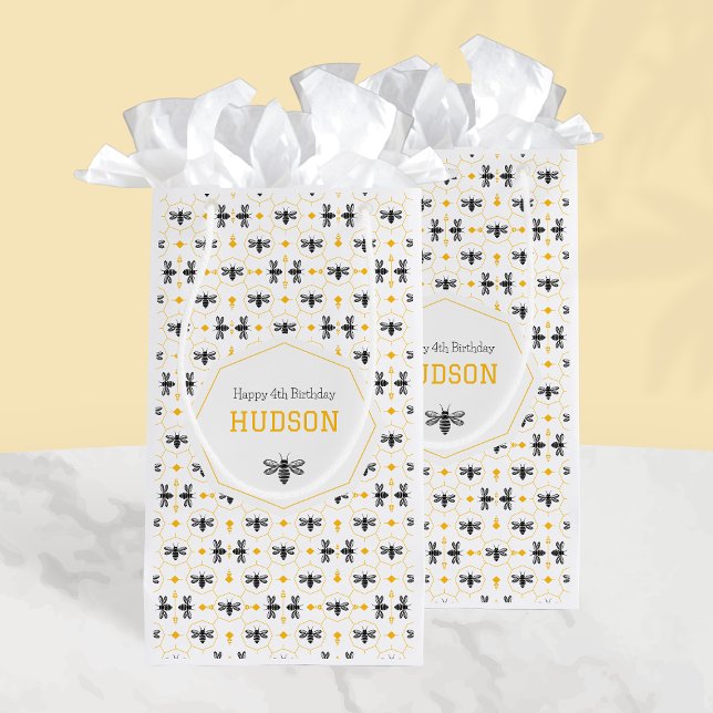 Gul Bina Moderna Barn Sommar 4-års Födelsedagsfest (Yellow Bee Modern Kids Summer 4th Birthday Party Small Gift Bag)