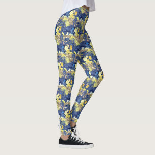 Gul Blå Blommig Guld Glitter Vintage Snällig Söt Leggings