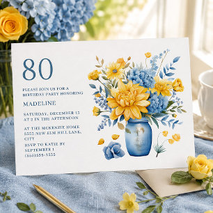 Gul Blå Blommig Stugträdgård 80-årsfirande Inbjudningar