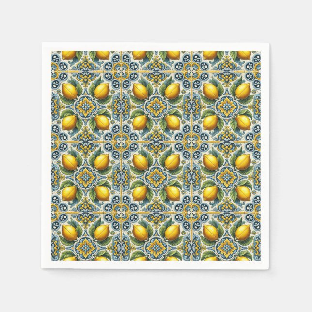 Gul Blå Capri Citron Medelhavet Kakel Bröllop Pappersservett (Framsidan)