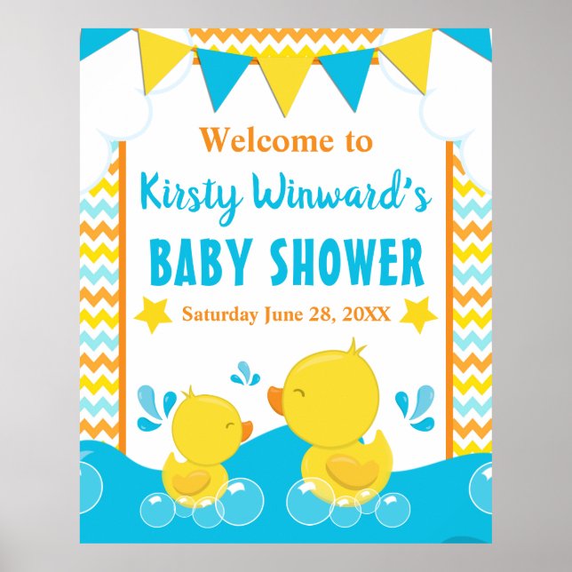 Gul & Blå Gummianka Prickig Bebis Shower Poster (Framsidan)
