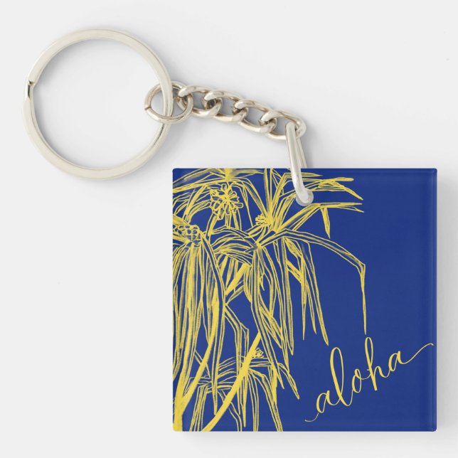 Gul  Blå Hau Träd Aloha Square Nyckelring Mini (Framsidan)