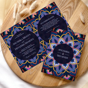 Gul Blå Lila Etnisk Mandala Indisk Bröllopsfest Inbjudan