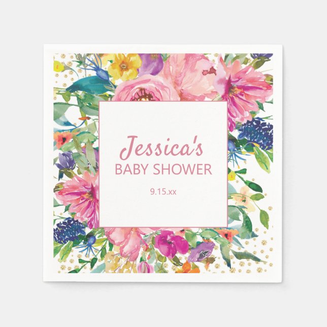 Gul Blå Rosa Baby Shower Guld Glitter Vit Pappersservett (Framsidan)