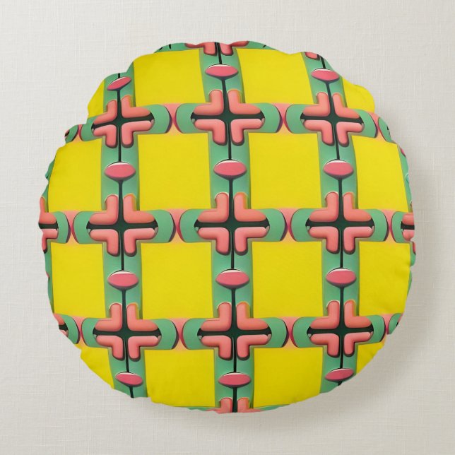 Gul Blå Rosa Geometrisk Rutigt Mönster Rund Kudde (Framsidan)