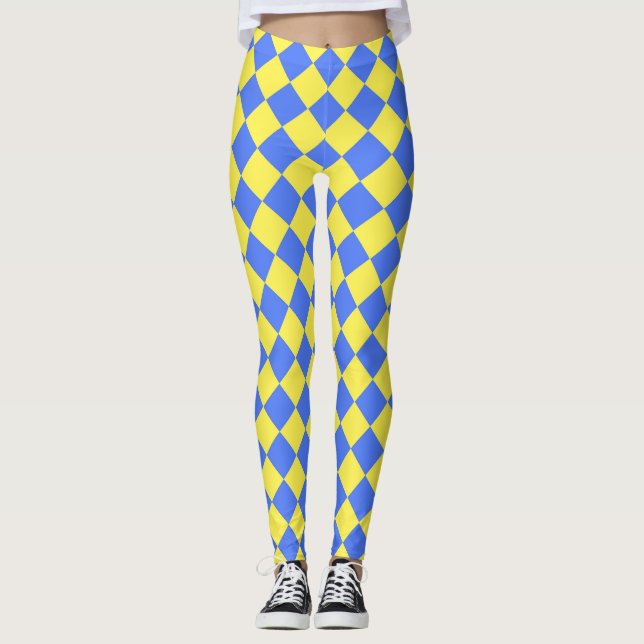 Gul Blå Rutigt Diamantmönster  Leggings (Framsida)