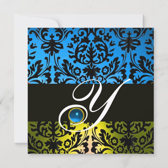 GUL BLÅ SVART DAMAST MONOGRAM Sapphire Inbjudningar (Framsida)