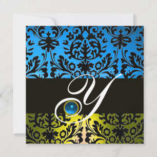 GUL BLÅ SVART DAMAST MONOGRAM Sapphire Inbjudningar