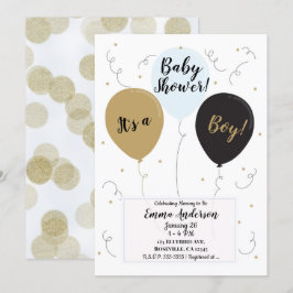 Gul blå & svarta ballonger Det är en pojke Baby Sh Inbjudningar