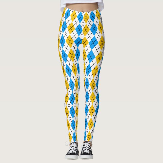 Gul Blå Vit Argyle Diamant Design  Leggings (Framsida)