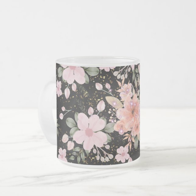 gul blom glitter mugg, blommande glans estetisk frostad glasmugg (Framsida vänster)