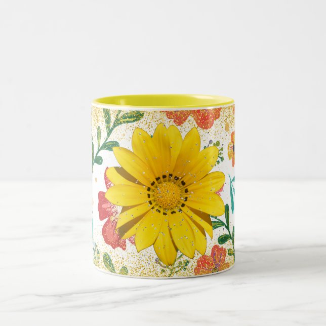 gul blomma glitter mugg, blom- glans estetisk Två-Tonad mugg (Center)