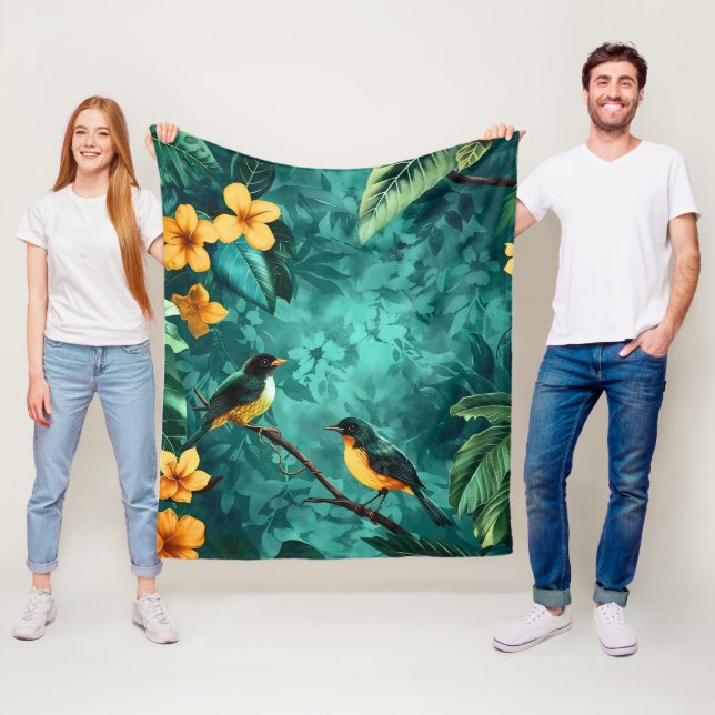 Gul blomma och fågel vintage skogsmönster fleecefilt (På plats)