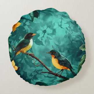 Gul blomma och fågel vintage skogsmönster rund kudde