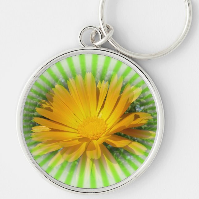 gul blomma,prästkrage rund silverfärgad nyckelring (Framsidan)