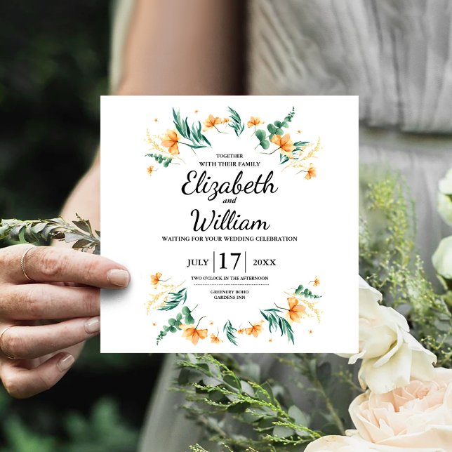 Gul Blomma Vildblomma Spara Datum Bröllop Inbjudningar (Yellow Floral Wildflower Save the Date Wedding Invitation, Garden Party Wedding)