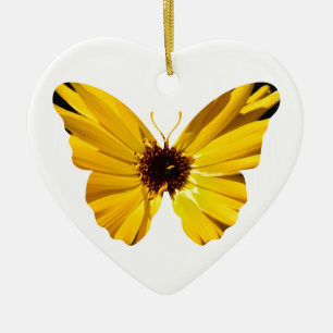 Gul blommafjärilssilhouette julgransprydnad keramik