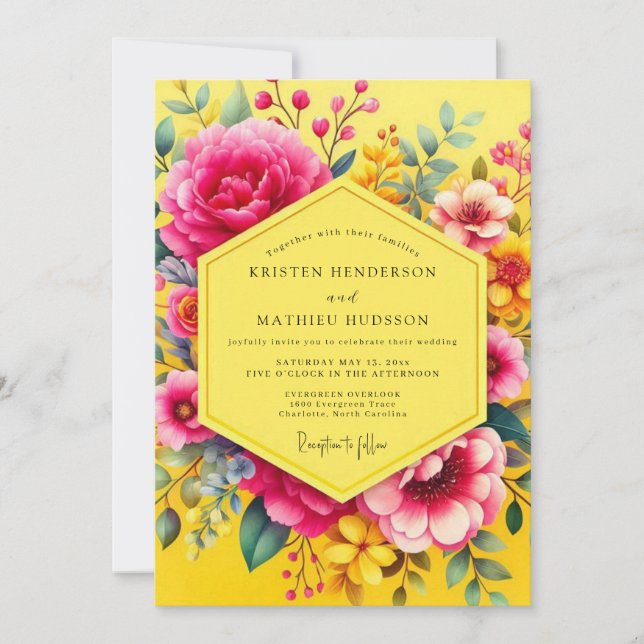 Gul blommande romantisk bröllopsfest inbjudningar (Framsida)