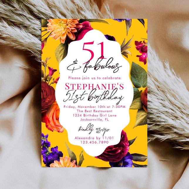 Gul Blommig 51 & Fantastisk 51-årsfest Inbjudningar (Skapare uppladdad)