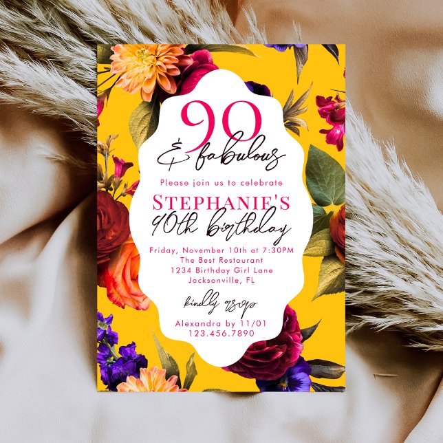 Gul Blommig 90 & Fantastisk 90-årsfest Inbjudningar (Skapare uppladdad)