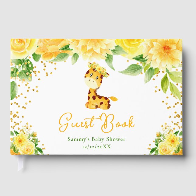 Gul Blommig Bebis Baby Shower för Giraff Gästböcker (Framsida)