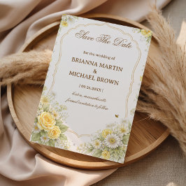 Gul Blommig Elegant Bröllopsannons Spara Datumet