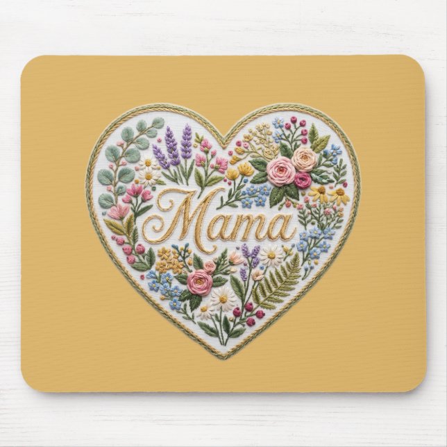 Gul Blommig Fals Broderi Hjärtat Mama Musmatta (Framsidan)