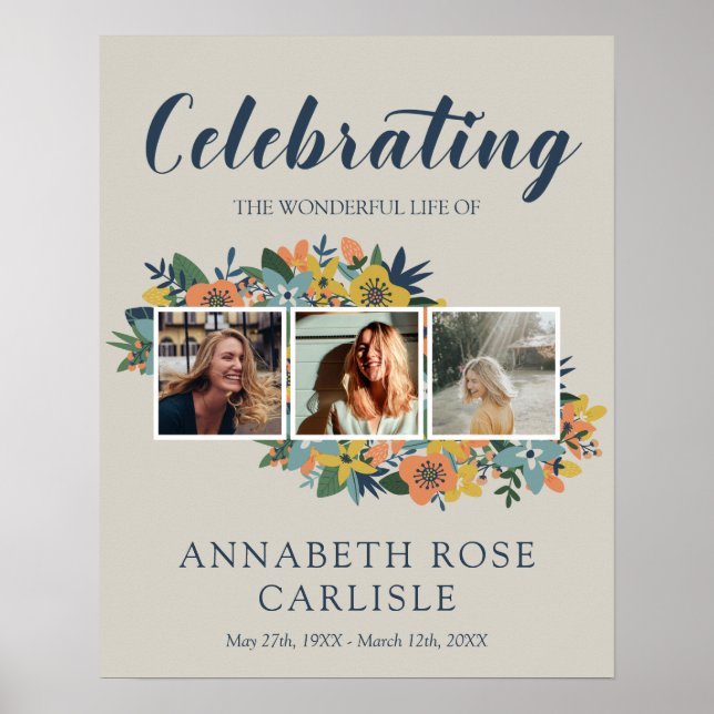 Gul Blommig Fotocollage Begravningshälsning Poster (Framsidan)