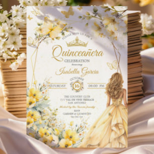 Gul Blommig Guld Tiara Fjärilar Quinceañera Inbjudningar
