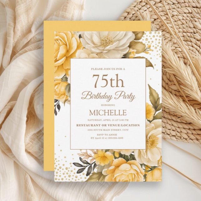 Gul Blommig Guldglitter 75-årsdag Inbjudningar (Yellow and ivory watercolor floral women's 75th birthday party invitation)