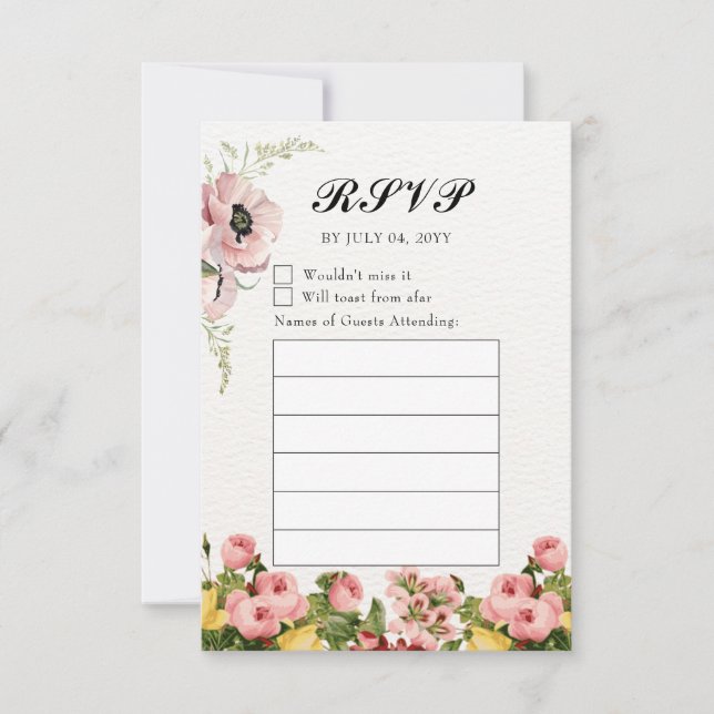 Gul Blommig Mönster Bröllop RSVP OSA Kort (Framsida)