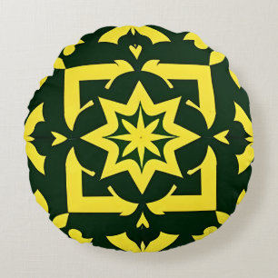 Gul Blommig Ornament på Grön Bakgrund Rund Kudde