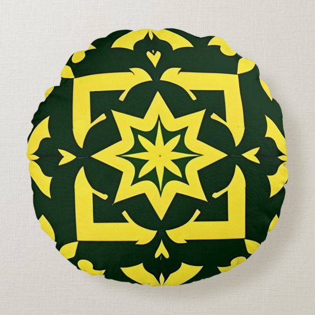 Gul Blommig Ornament på Grön Bakgrund Rund Kudde (Framsidan)