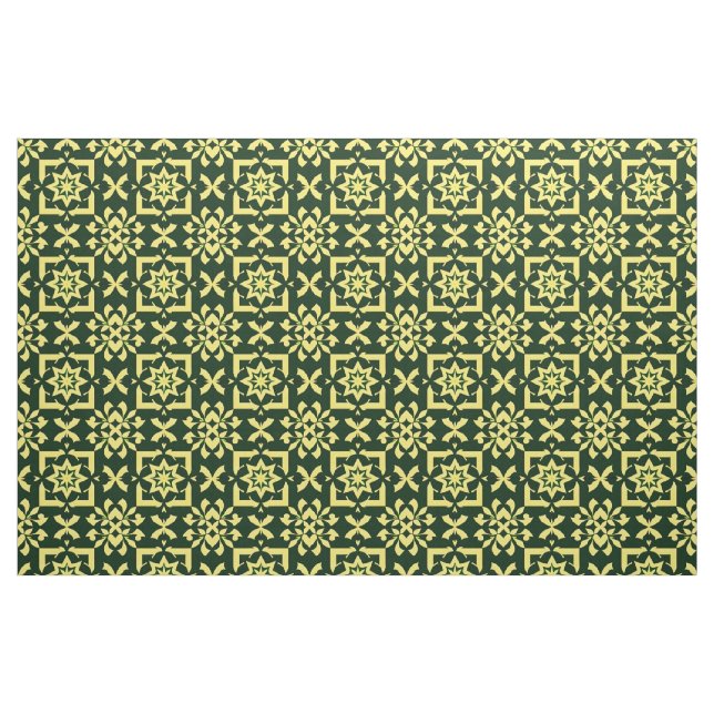 Gul Blommig Ornament på Grön Bakgrund Tyg (Fat Quarter)