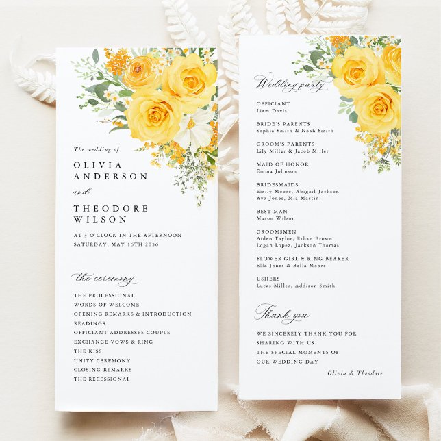 Gul Blommig Ros Bröllopsceremoni Program (Yellow rose floral wedding program card, watercolor garden, elegant wedding ceremony program)