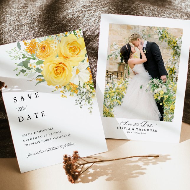Gul Blommig Ros Bröllopsfotobakgrund Spara Datumet (Yellow floral photo save the date card, watercolor yellow rose garden wedding stationery with photo)