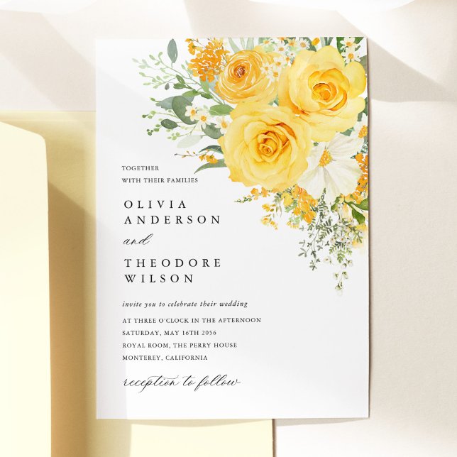 Gul Blommig Ros Bröllopsinbjudan Inbjudningar (Yellow floral rose wedding invitation, watercolor yellow roses, elegant spring garden stationery)