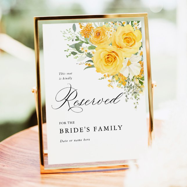 Gul Blommig Ros Reserverad Platsskylt 5x7 Poster (Yellow rose floral reserved wedding sign, elegant reserved seating sign, yellow wedding stationery)