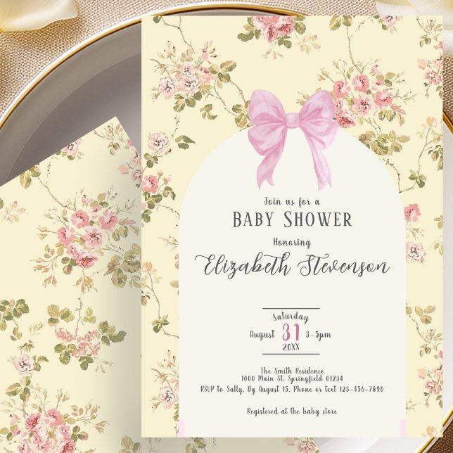 Gul Blommig Rosa Band Baby Shower Inbjudan  (Skapare uppladdad)