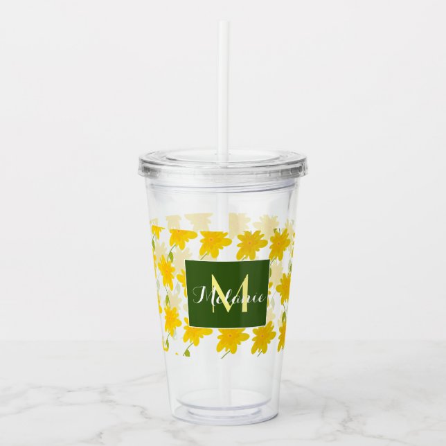Gul blommönster Handritad Namn  Monogram   Take Away Mugg (Framsida)