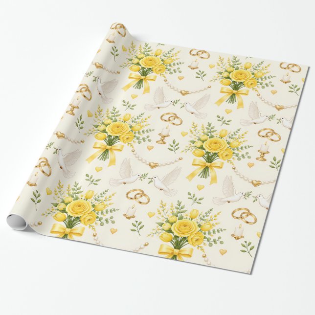 Gul blomsterbröllop och förlovning Presentinslag Presentpapper (Utrullad)