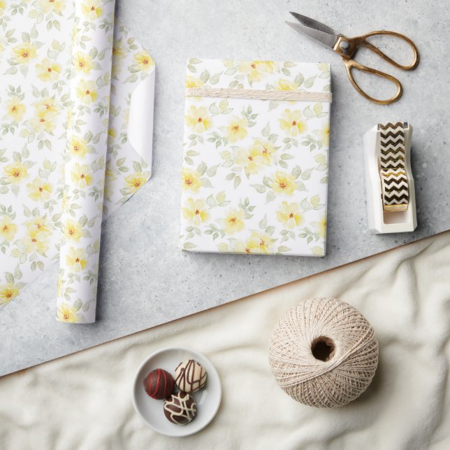 Gul blomsterinpackningspapper, vattenfärg blommor presentpapper (Hantverk)