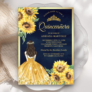 Gul blomsterklänning Solrosar Marinblå Quinceanera Inbjudningar