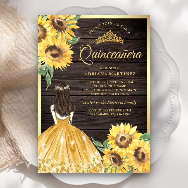 Gul blomsterklänning solrosor Quinceanera Inbjudningar (Skapare uppladdad)