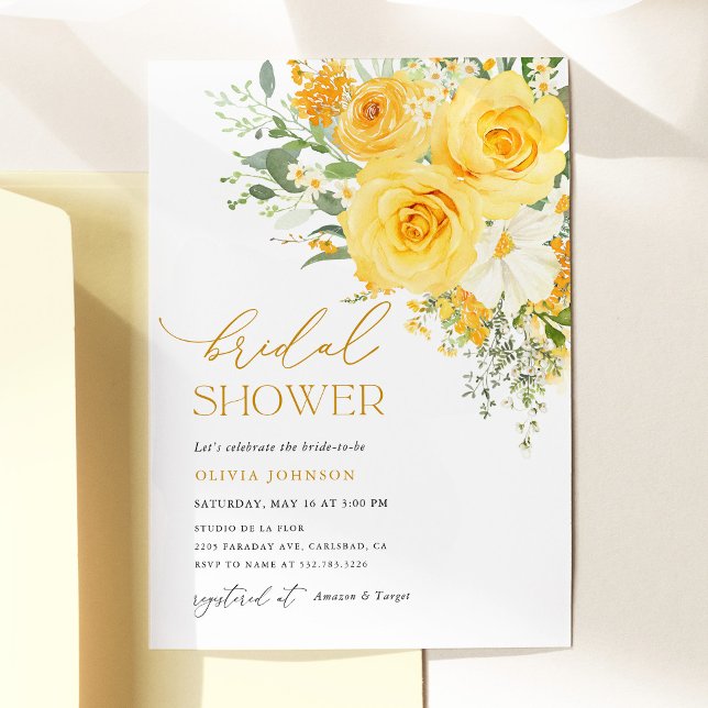 Gul blomsterros bröllopsdusch inbjudningar (Yellow floral rose bridal shower invitation, romantic watercolor garden flowers bridal shower invite)